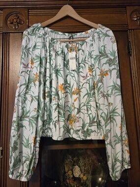Anthropologie White Floral Peasant Blouse with Green Leaves, Orange Flowers NEW.